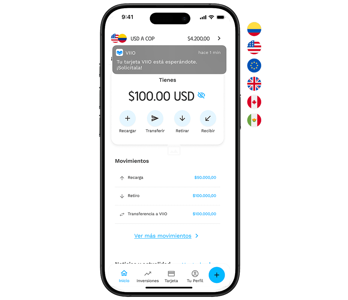 App de VIIO mostrando saldo en dólares y opciones para recargar, transferir, retirar y gastar.