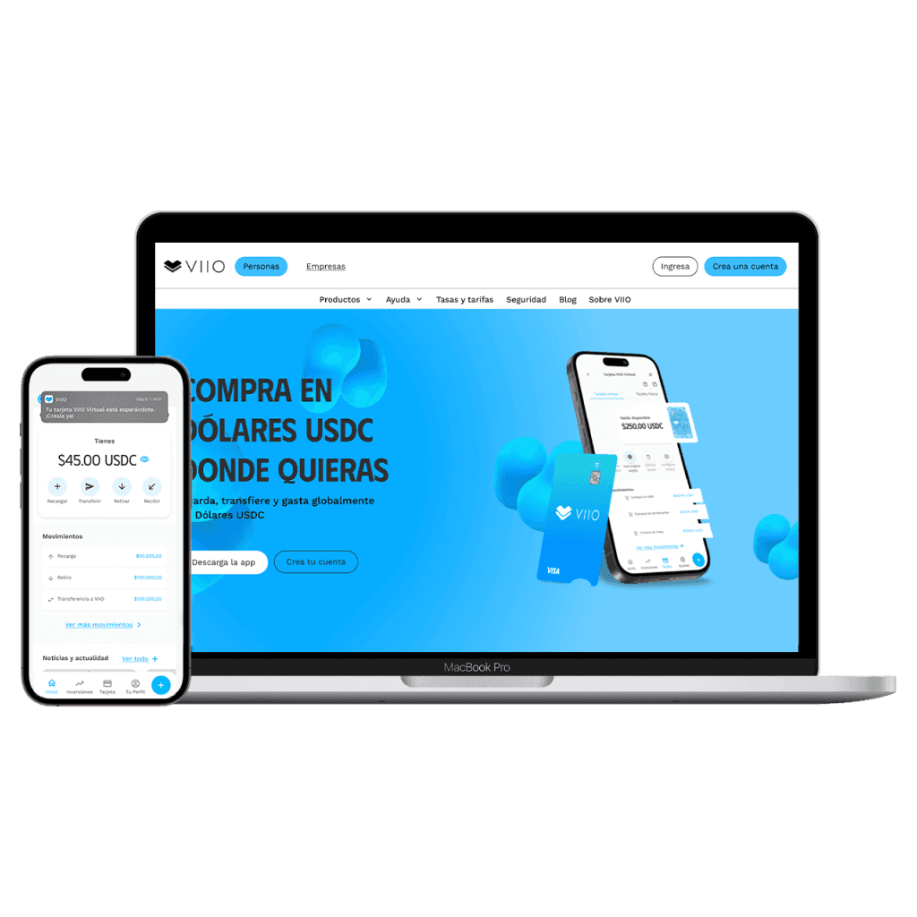 Aplicación y página web de VIIO en un teléfono y una computadora