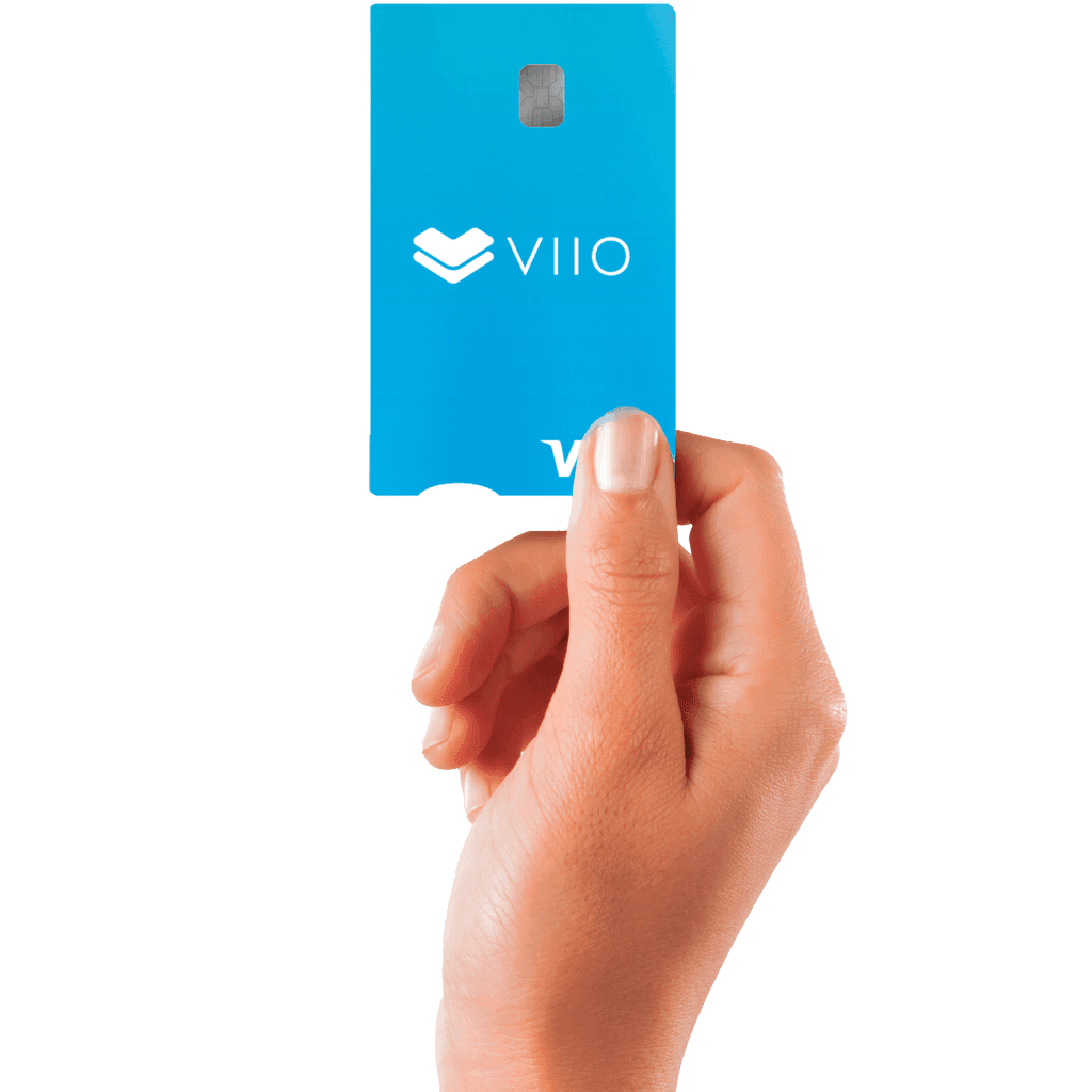 Blue VIIO card, held by a hand. The background is a multicolored gradient sphere.