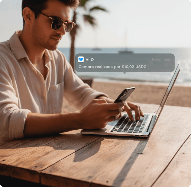 Recibe alertas instantáneas cada vez que uses tu tarjeta física o virtual. Sigue tus movimientos y protege tus fondos 24/7 desde tu app VIIO.