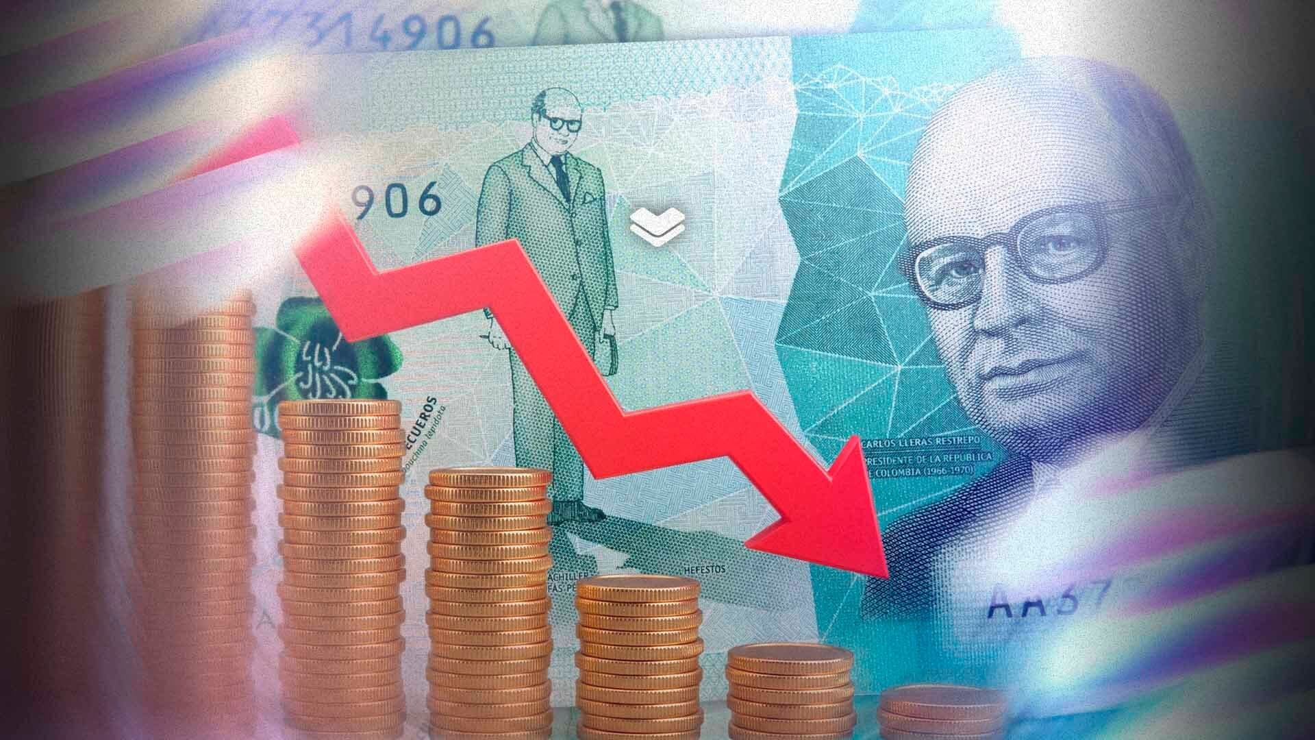 Colombian peso falling: banknote, coins and a red downward arrow