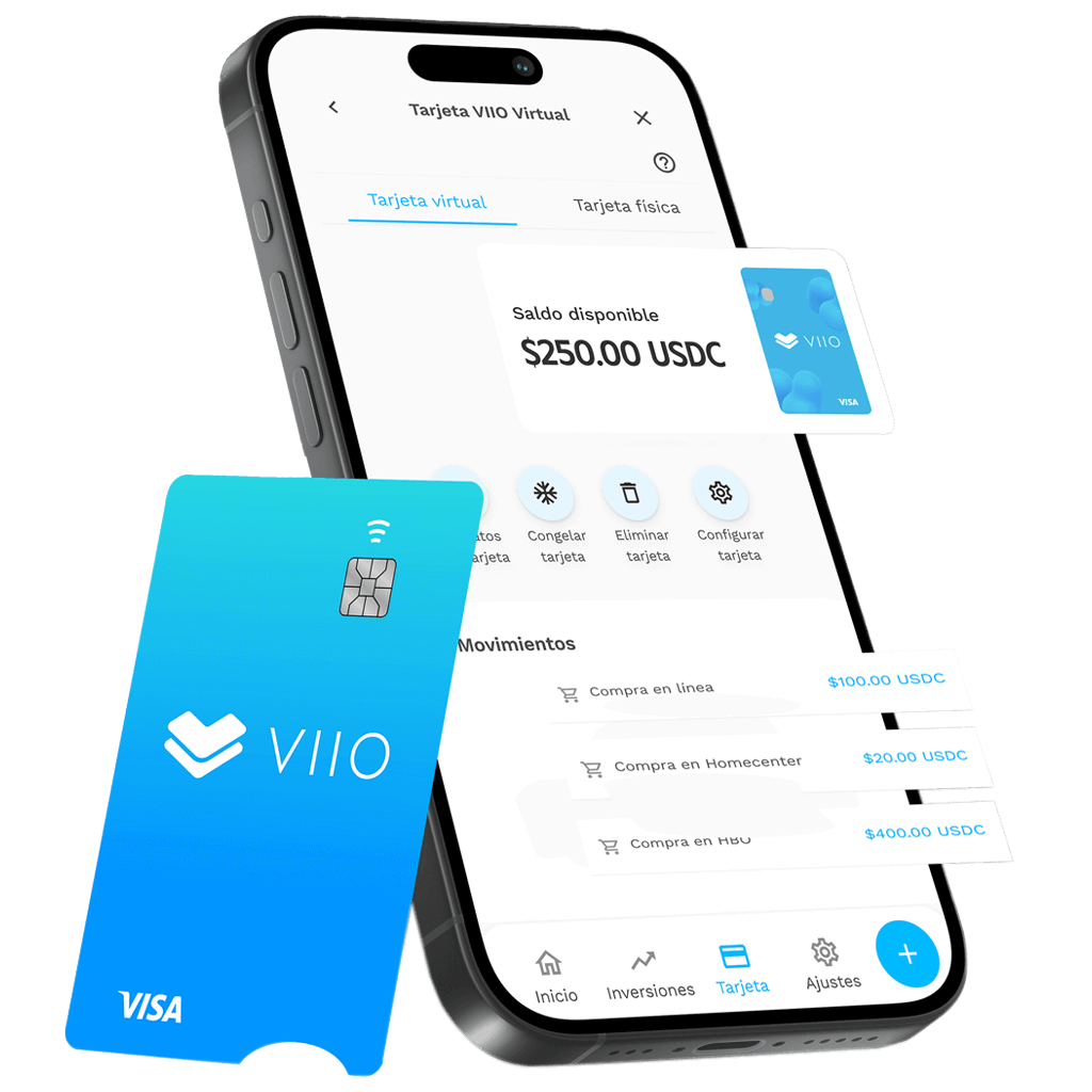 Aplicación VIIO en un celular con una tarjeta física apoyada en el lado izquierdo